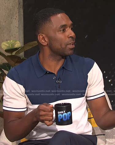 Justin's navy colorblock polo shirt on E! News Daily Pop