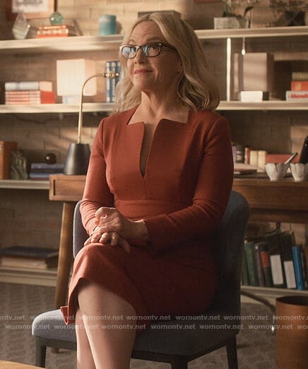 Linda's red split neck dress on Lucifer