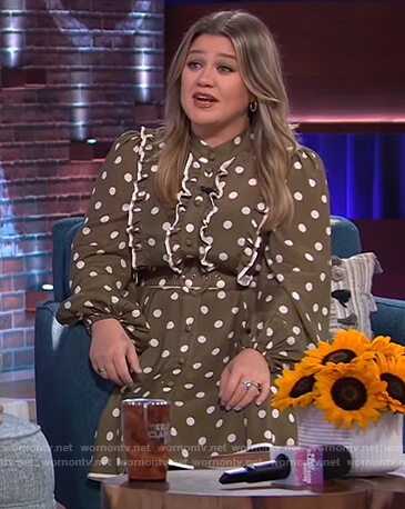 Kelly's khaki polka dot dress on The Kelly Clarkson Show