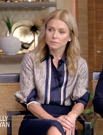 Kelly's navy printed blouse and pencil skirt on Live with Kelly and Ryan