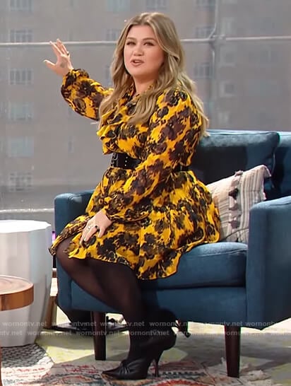 Kelly's yellow floral ruffle dress on The Kelly Clarkson Show