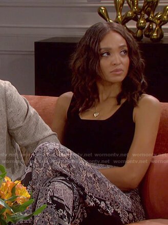 Lani's black tank and floral wide leg pants on Days of our Lives: Beyond Salem