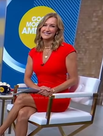 Lara's red v-neck cap sleeve dress on Good Morning America