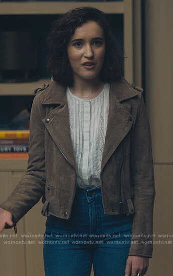 Gail's brown suede moto jacket on Billions