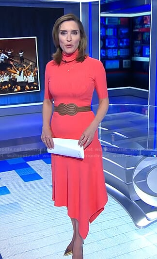 Margaret's pink turtleneck ribbed dress on CBS Evening News