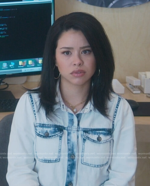 Mariana's denim acid wash shirtdress on Good Trouble