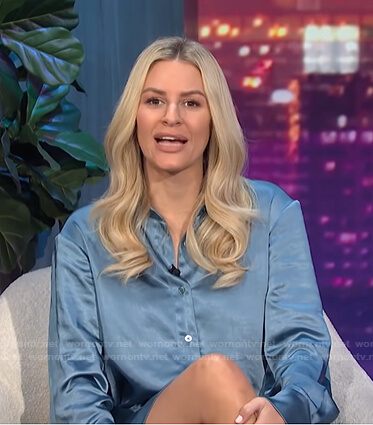Morgan's blue satin shirtdress on E! News Nightly Pop