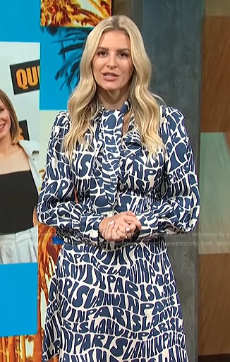 Morgan's blue and white logo print dress on E! News Daily Pop