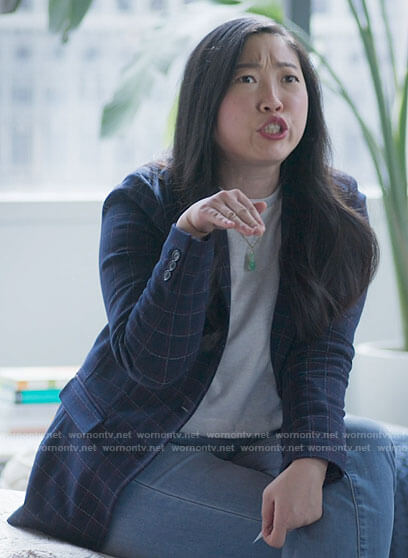 Nora's navy checked blazer on Awkwafina is Nora From Queens