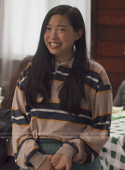 Nora's striped cropped polo shirt on Awkwafina is Nora From Queens