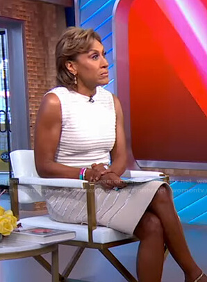 Robin's white metallic stripe sleeveless dress on Good Morning America