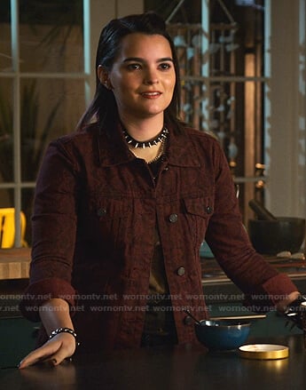 Rory's burgundy snake print jacket on Lucifer