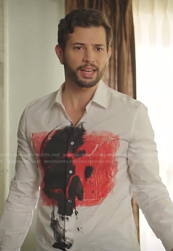 Sam's white skull print shirt on Dynasty