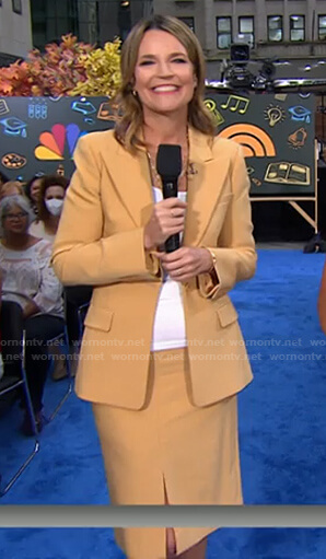 Savannah's Beige peak lapel blazer and slit skirt on Today