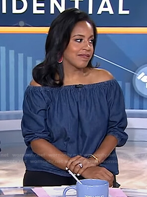 Sheinelle's blue chambray off-shoulder top and earrings on Today