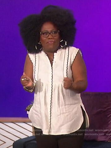 Sheryl white scalloped trim top on The Talk