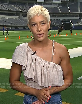 Sibley’s beige ruffle asymmetric cropped top on Access Hollywood