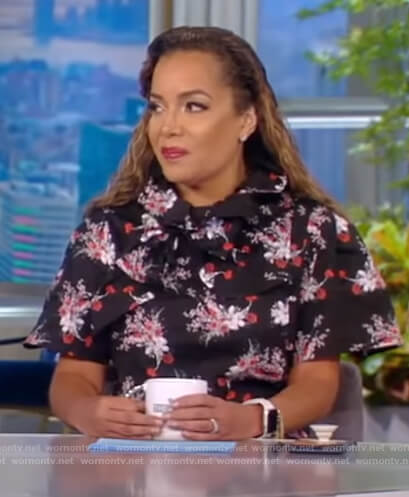 Sunny's black floral ruffle neck dress on The View