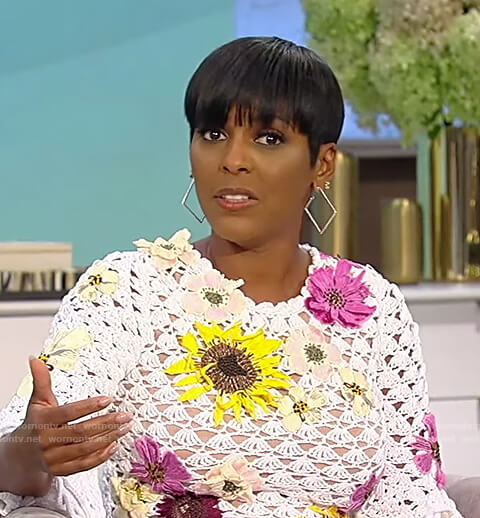 Tamron's white floral crochet dress on Tamron Hall Show