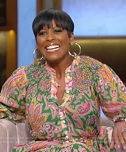Tamron's green paisley print blouse and pants on Tamron Hall Show