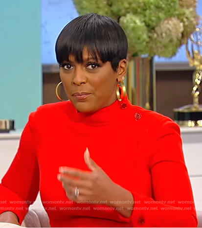 Tamron's red mock neck mini dress on Tamron Hall Show