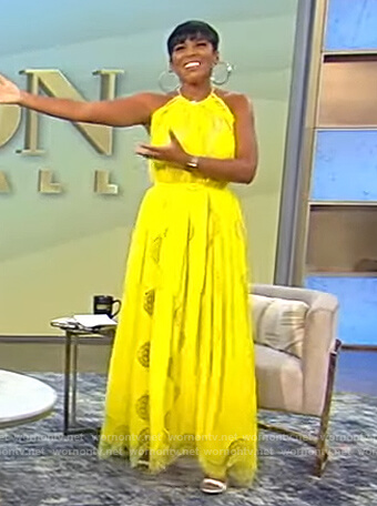 Tamron's yellow sleeveless lace dress on Tamron Hall Show