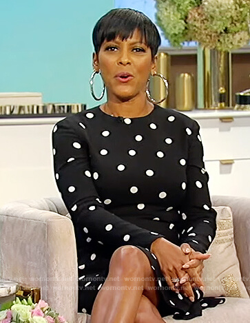 Tamron's black polka dot dress on Tamron Hall Show