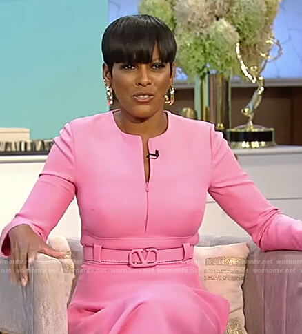 Tamron's pink belted dress on Tamron Hall Show