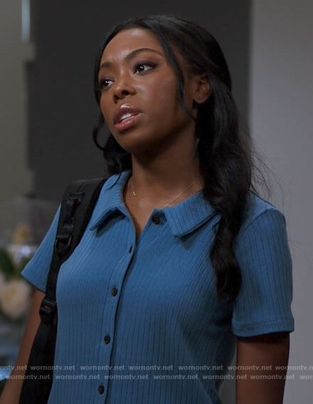Vanessa's blue ribbed button front top on Chicago Med