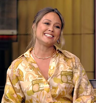Vanessa Lachey's yellow print blouse and mini skirt on Live with Kelly and Ryan