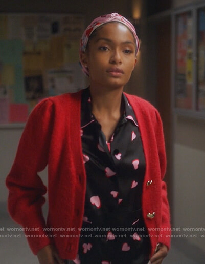 Zoey's red cardigan with heart print top on Grown-ish