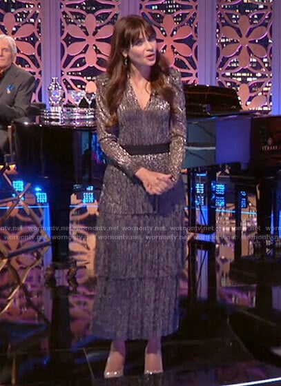 Zooey Deschanel's metallic tiered maxi dress on The Celebrity Dating Game