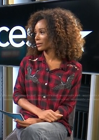 Zuri's red embellished plaid shirt on Access Hollywood