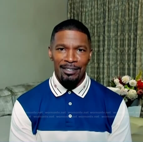 Jamie Foxx's blue and white colorblock polo shirt on E! News