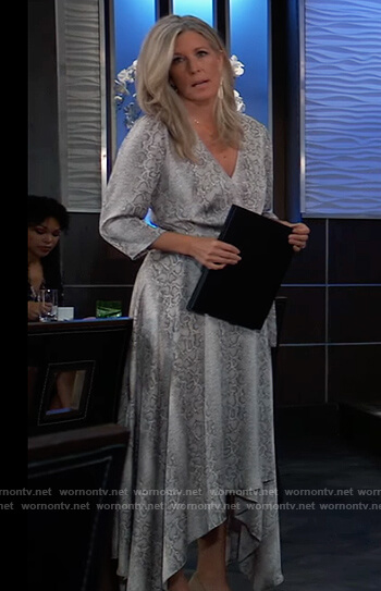 Carly's gray snake skin print wrap dress on General Hospital