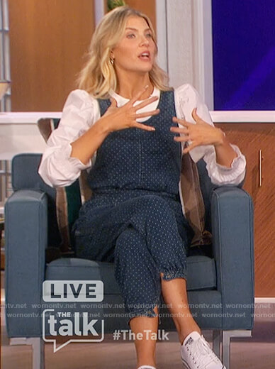 Amanda's white puff sleeve blouse and denim jumpsuit on The Talk