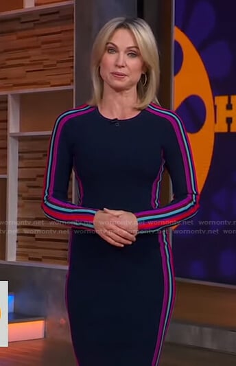 Amy's navy dress with side stripes on Good Morning America