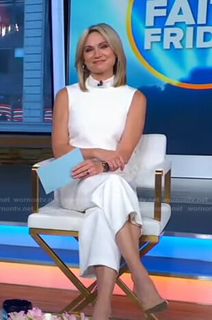 Amy's white mock neck sleeveless jumpsuit on Good Morning America
