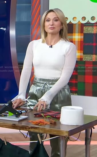 Amy's white sheer sleeve top and satin pants on Good Morning America