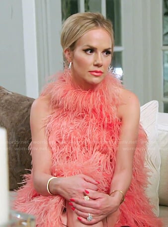 Angie's pink feather sleeveless dress on The Real Housewives of Salt Lake City