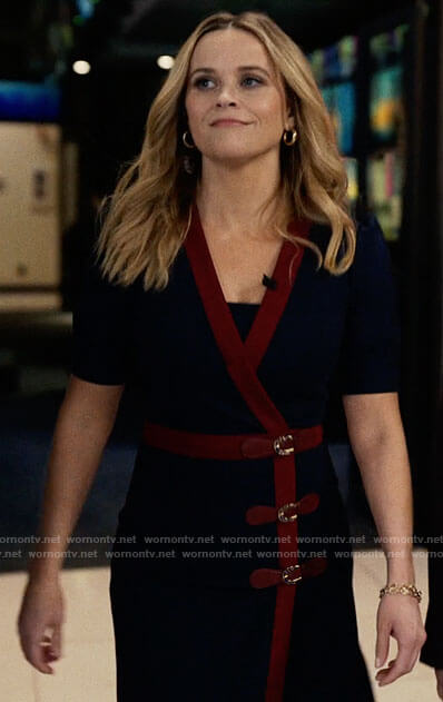 Bradley's blue buckled wrap dress with red trim on The Morning Show