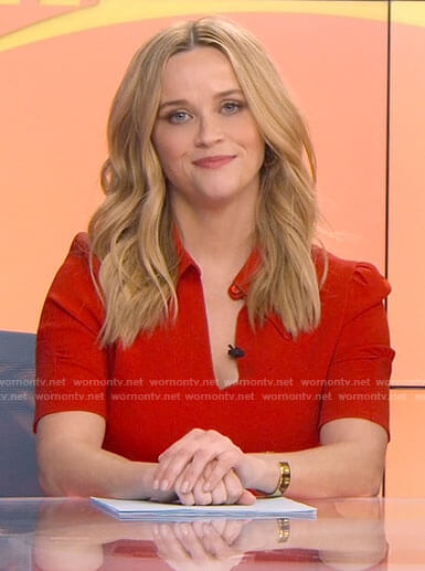 Bradley's red short sleeved dress on The Morning Show