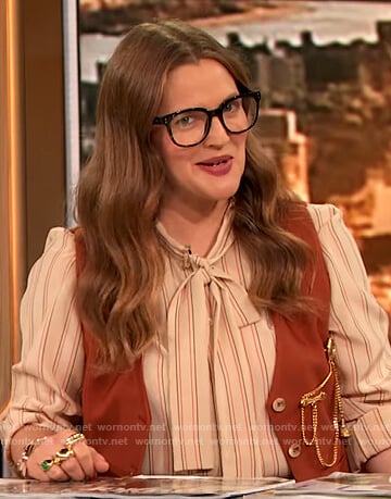 Drew's striped tie neck blouse and vest on The Drew Barrymore Show