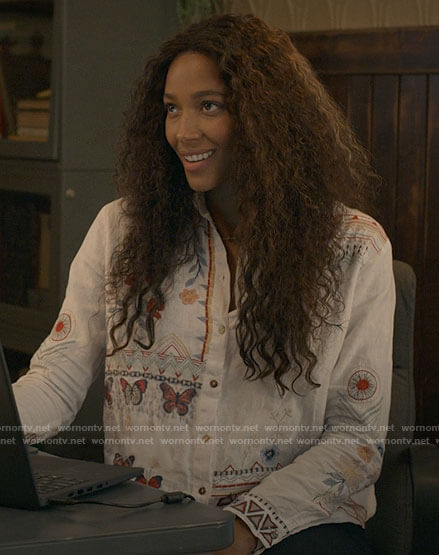 Cassie's floral and butterfly embroidered shirt on Big Sky