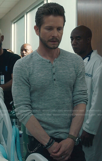 Conrad's grey waffle henley on The Resident