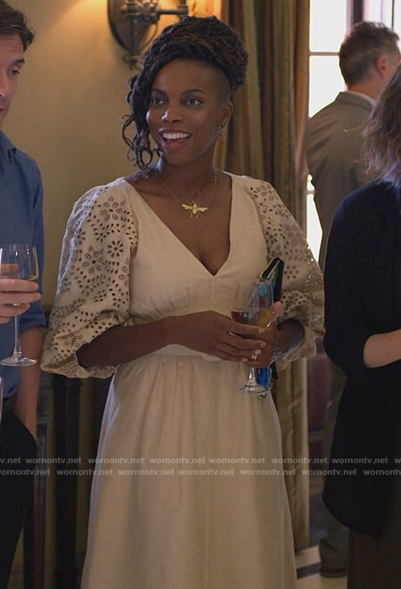 Denise beige eyelet puff sleeve dress on Home Economics