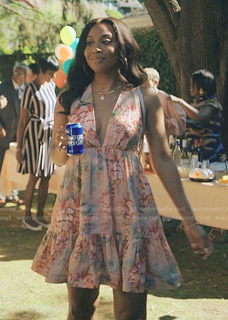 Destiny's pink floral mini dress on Love Life