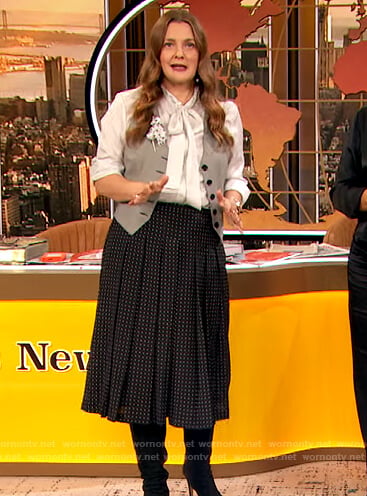 Drew's white tie neck blouse and skirt on The Drew Barrymore Show