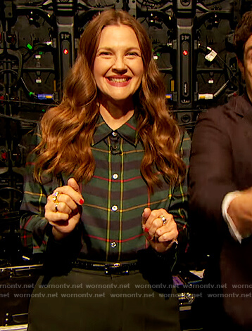 Drew's green plaid blouse on The Drew Barrymore Show