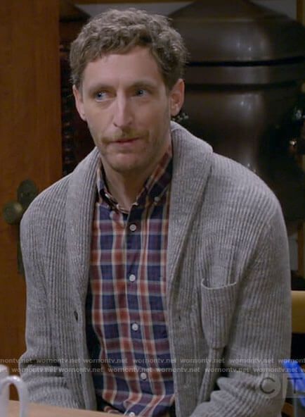 Drew's plaid shirt and grey cardigan on B Positive